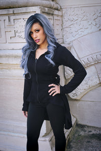 Lightweight black Heartless hoodie made entirely of soft polyester, featuring a fitted design, oversized hood, thumbholes, high-low hem, and corset-style lacing with adjustable back ties, ideal for edgy layering and all-day comfort throughout the year.