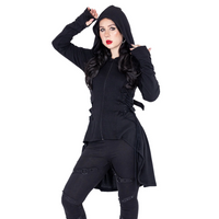 Heartless lightweight black hoodie made from soft polyester, designed with a high-low hem, corset-inspired lacing at the sides, adjustable back ties, fitted silhouette, thumbholes, and oversized hood, perfect for adding subtle edge and comfort to year-round outfits.