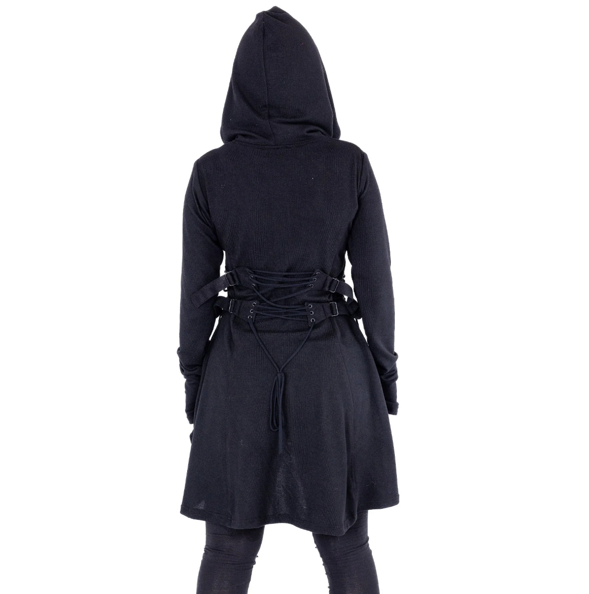 Stylish black zip-up hoodie by Heartless in soft 100% polyester, featuring a dramatic high-low hem, corset-style side lacing, adjustable back ties, oversized hood, fitted silhouette, and thumbholes, ideal for layering and creating versatile edgy looks all year.