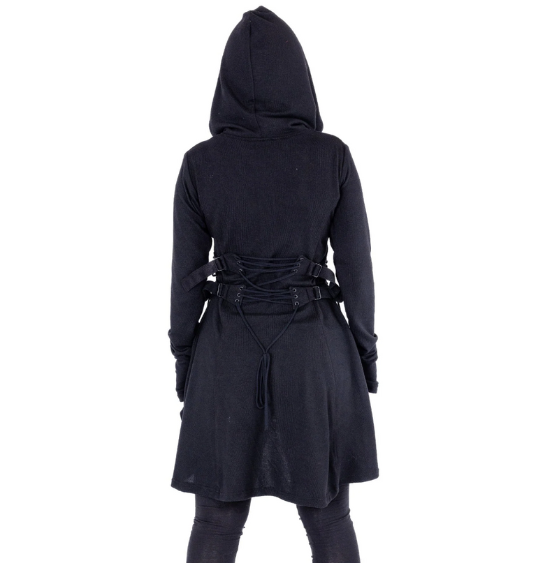 Stylish black zip-up hoodie by Heartless in soft 100% polyester, featuring a dramatic high-low hem, corset-style side lacing, adjustable back ties, oversized hood, fitted silhouette, and thumbholes, ideal for layering and creating versatile edgy looks all year.