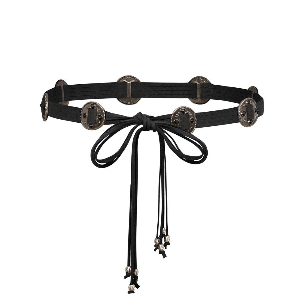 Silver concho belt with tie closure and spaced medallions, designed to cinch the waist for a flattering silhouette. Ideal for alternative fashion, gothic ensembles, or edgy statement outfits.