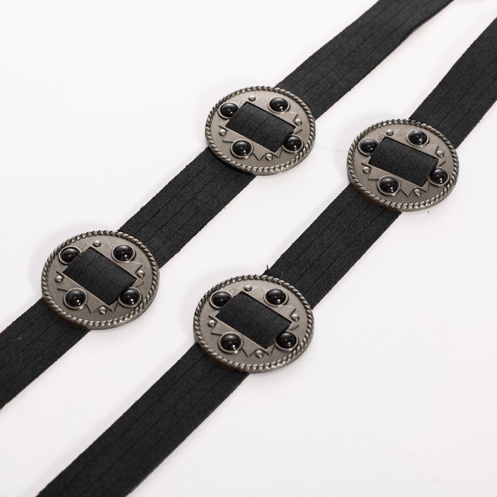 One-size adjustable Concho Tie Belt with Western-inspired silver medallions. Adds bold, stylish accent to gothic, punk, or boho looks, perfect for layering over dresses, tunics, or oversized shirts.
