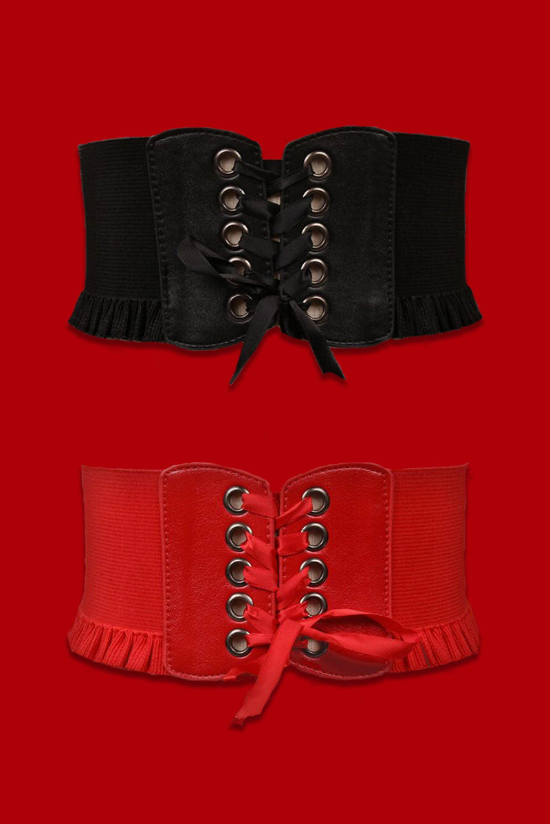 Wide high-waisted stretch corset belt in black with lace-up front and metal eyelets, designed to cinch the waist and enhance the silhouette, featuring flexible side panels for comfort, perfect for layering over dresses, tunics, or shirts for an edgy fashion statement.