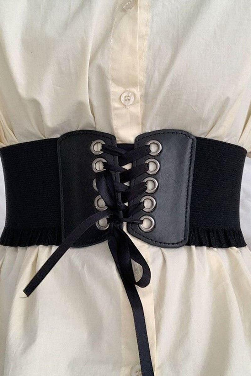 Fashion-forward high-waisted corset belt featuring a lace-up front with metal eyelets, flexible stretch sides for comfort, and a bold silhouette-enhancing design, suitable for layering over dresses, tunics, or shirts to add edgy and stylish flair to any outfit.