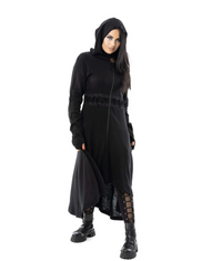 Stylish and edgy Demille Cardigan in black polyacrylic with corset-style front and back lacing, full-length flowing design, oversized hood, zip closure, high-low hem, and thumbholes, offering a moody silhouette suitable for layering over dresses or casual outfits in alternative fashion wardrobes.