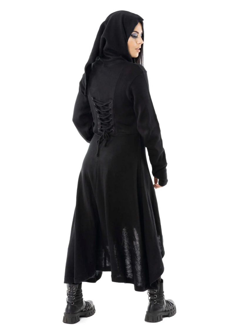 The Demille Cardigan is a long black knit with structured edges, featuring stretchable polyacrylic fabric, front and back corset lacing, zip closure, oversized hood, thumbholes, and high-low hemline, perfect for alternative, gothic, or moody fashion statements in both layered and solo looks.