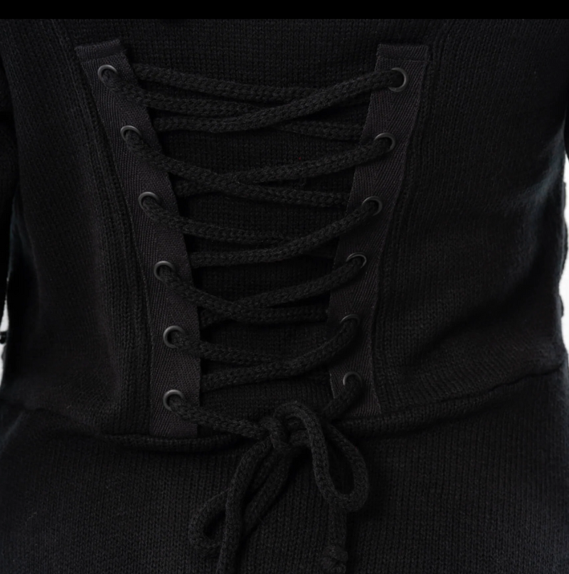 Full-length alternative-style black cardigan with fitted bodice, front and back corset lacing, oversized hood, zip closure, thumbholes, high-low hem, and 100% polyacrylic fabric, offering a dramatic silhouette for gothic or edgy fashion, easily styled for layered or standalone outfits.
