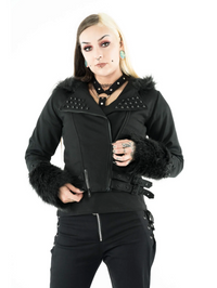 Edgy black Effia Jacket with structured silhouette, cozy faux fur lining in the hood and cuffs, matte black spike studs, adjustable side straps, asymmetrical zipper, and panel seaming, made from cotton blend and polyester for a fashionable, warm cold-weather outerwear option.