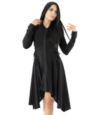 Emerson Cardigan in black polyester from Innocent Lifestyle featuring a lightweight and flowing drape, elongated hood, mid-length cut, zip-up closure, handkerchief hem, and corset-style lacing details along the sides and back for a flattering gothic look.