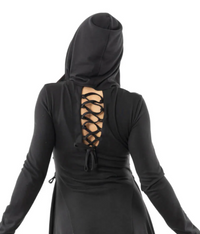 Gothic-inspired black Emerson Cardigan by Innocent Lifestyle, lightweight with mid-length silhouette, elongated hood, soft drape, zip-up front, side and back corset lacing, and asymmetrical handkerchief hem, ideal for layering over casual or dressy outfits.