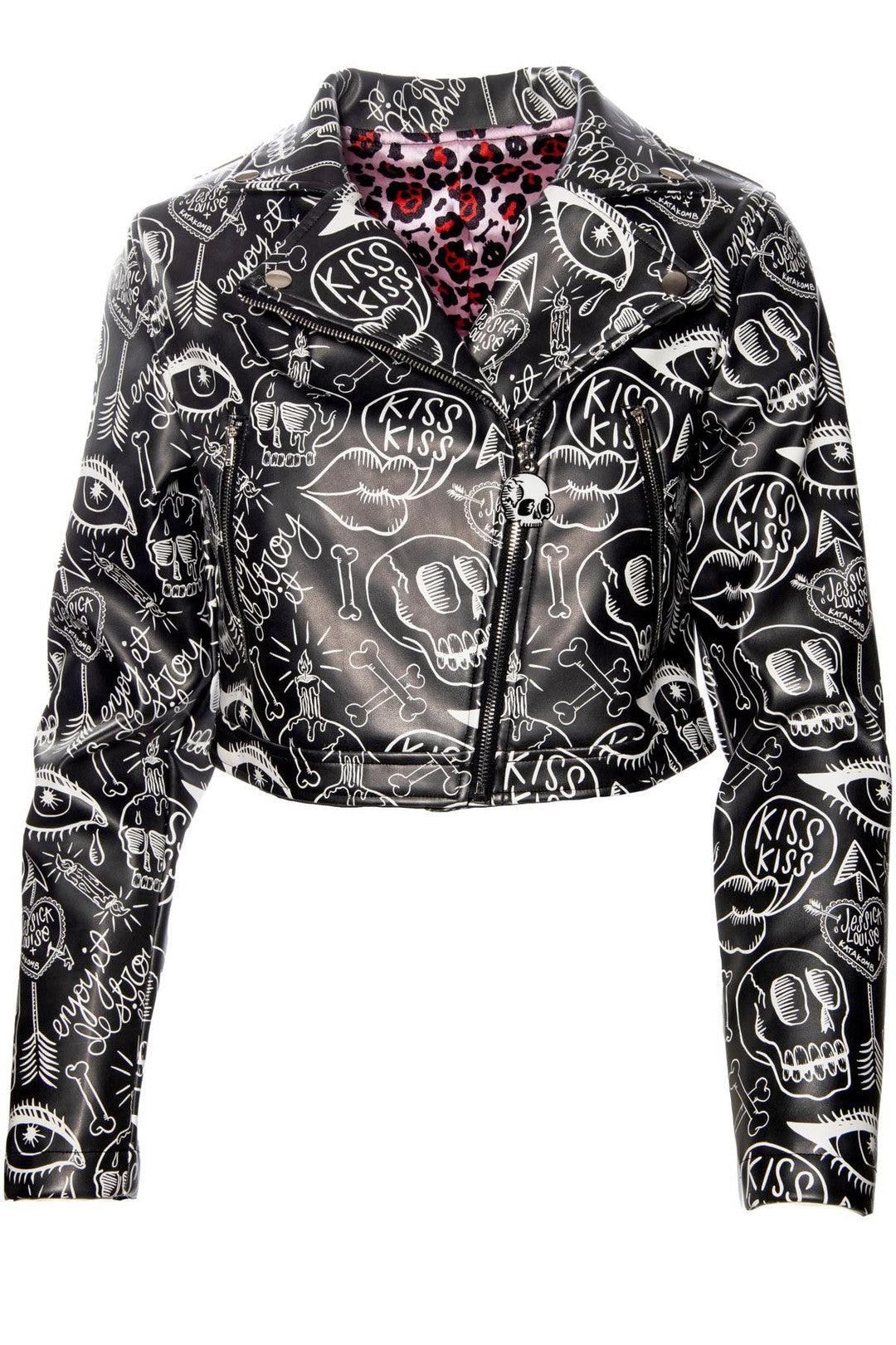 Women's cropped Moto Jacket with vibrant Jessica Louise graffiti design, leopard print lining for a fierce interior detail, practical working pockets, and an exposed metal zipper with unique skull logo pull, perfect for edgy streetwear and biker-inspired fashion.