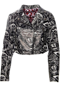 Women's cropped Moto Jacket with vibrant Jessica Louise graffiti design, leopard print lining for a fierce interior detail, practical working pockets, and an exposed metal zipper with unique skull logo pull, perfect for edgy streetwear and biker-inspired fashion.