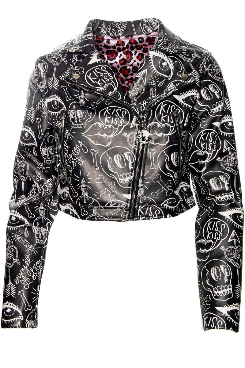 Women's cropped Moto Jacket with vibrant Jessica Louise graffiti design, leopard print lining for a fierce interior detail, practical working pockets, and an exposed metal zipper with unique skull logo pull, perfect for edgy streetwear and biker-inspired fashion.