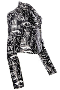Urban-chic cropped Moto Jacket with Jessica Louise graffiti artwork, leopard print lining for a bold interior, convenient working pockets, and a standout metal zipper featuring a skull logo pull, offering a rebellious yet stylish biker-inspired look.
