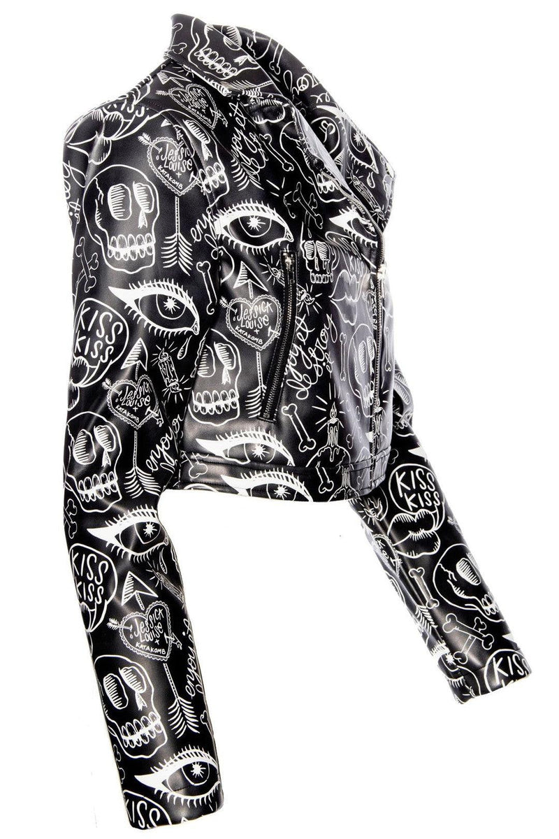 Urban-chic cropped Moto Jacket with Jessica Louise graffiti artwork, leopard print lining for a bold interior, convenient working pockets, and a standout metal zipper featuring a skull logo pull, offering a rebellious yet stylish biker-inspired look.