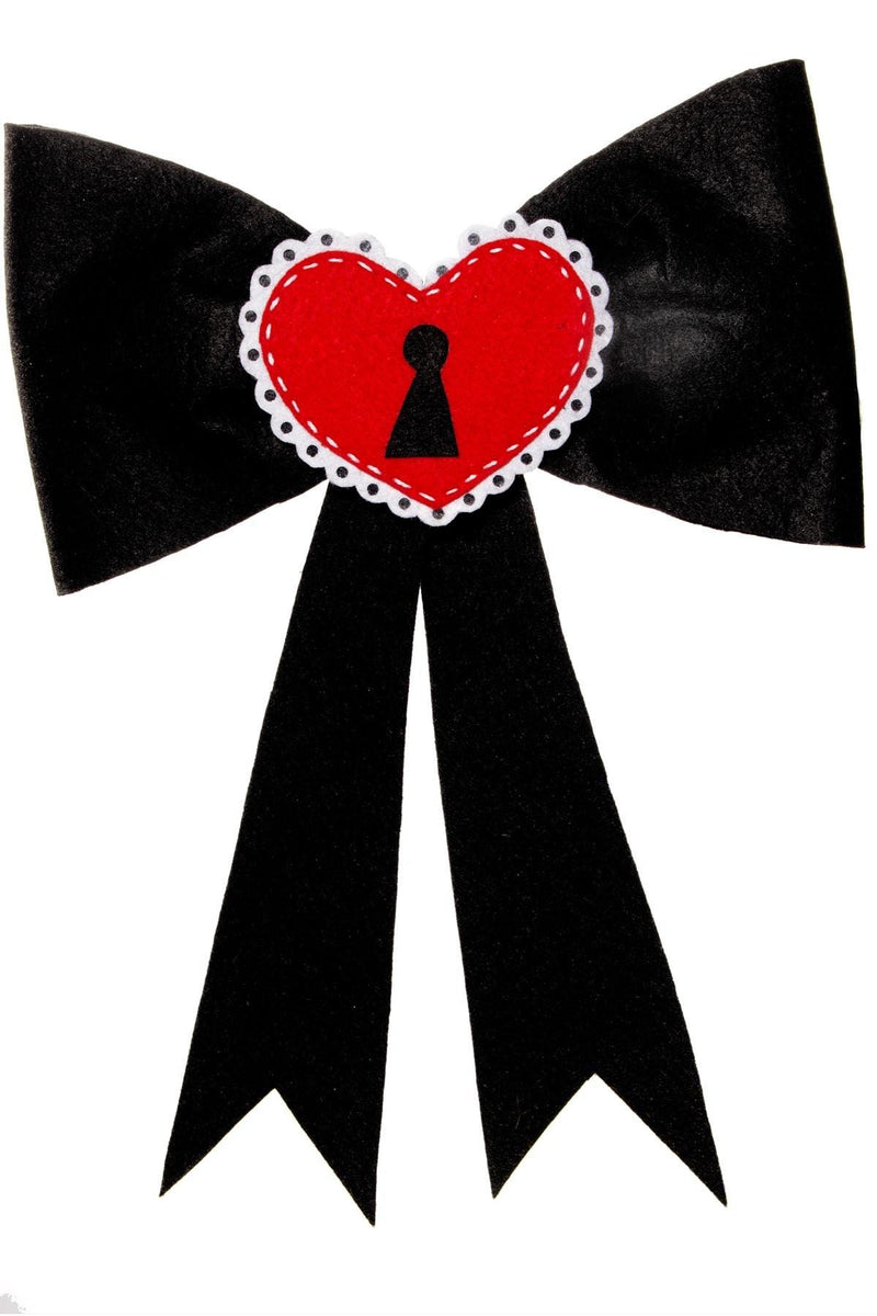 Jessica Louise oversized heart locket bow, 11 x 12 inches, versatile clip for hair or clothing. Perfect statement accessory for alternative, gothic, or cute fashion ensembles.