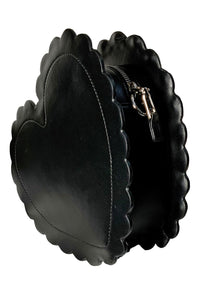 Elegant Heart Locket Purse adorned with a matte red heart, black jewel accents, and a scalloped white border, offering a playful yet sophisticated accessory for occasions that call for statement fashion pieces with a whimsical, vintage charm.