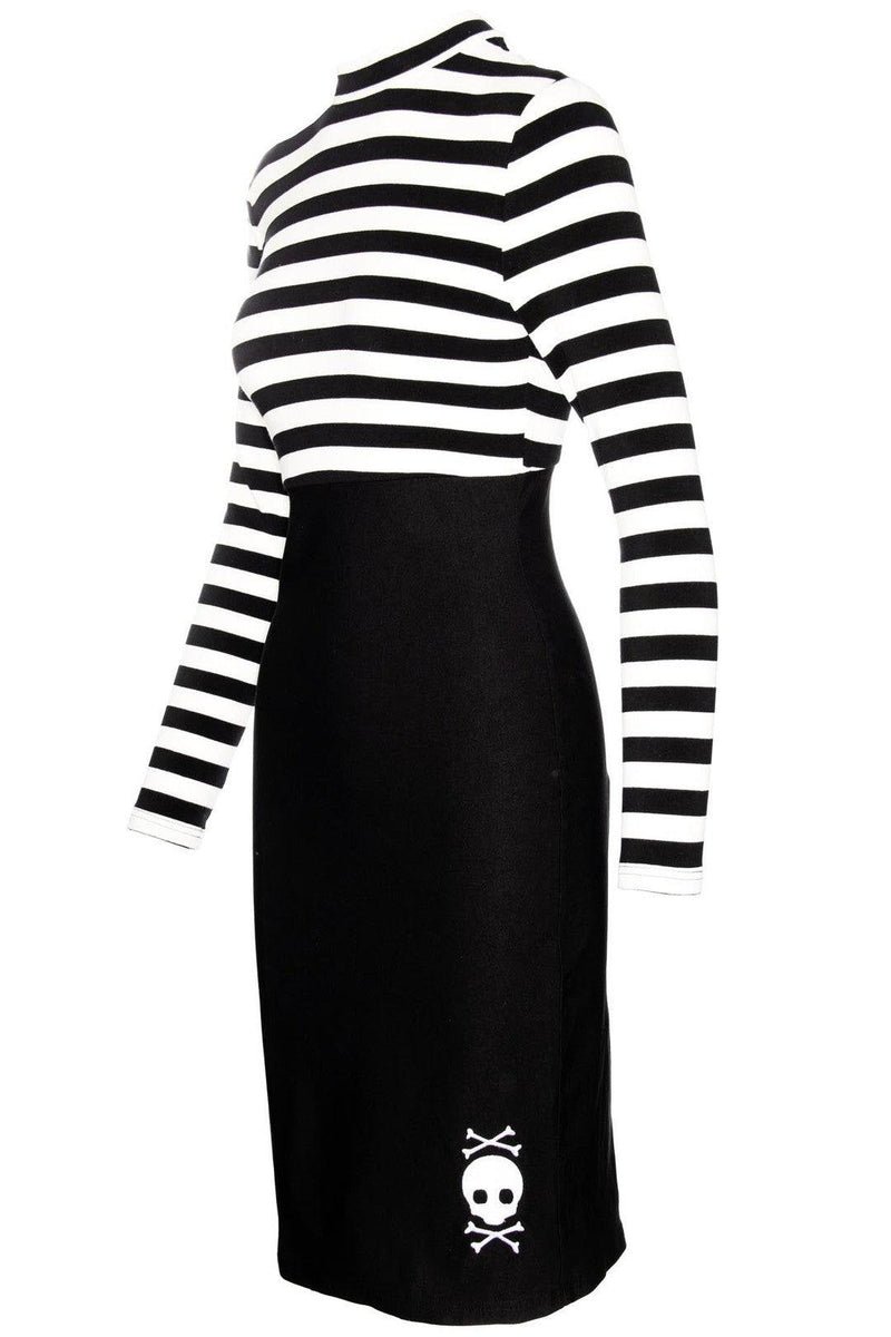 The Jailhouse Dress is a body-hugging, stretchy pin-up style dress with a mock turtleneck, striped sleeves, and skull embroidery detail, merging rockabilly glamour with punk edge, ideal for those who love gothic and alternative streetwear with an artistic twist.