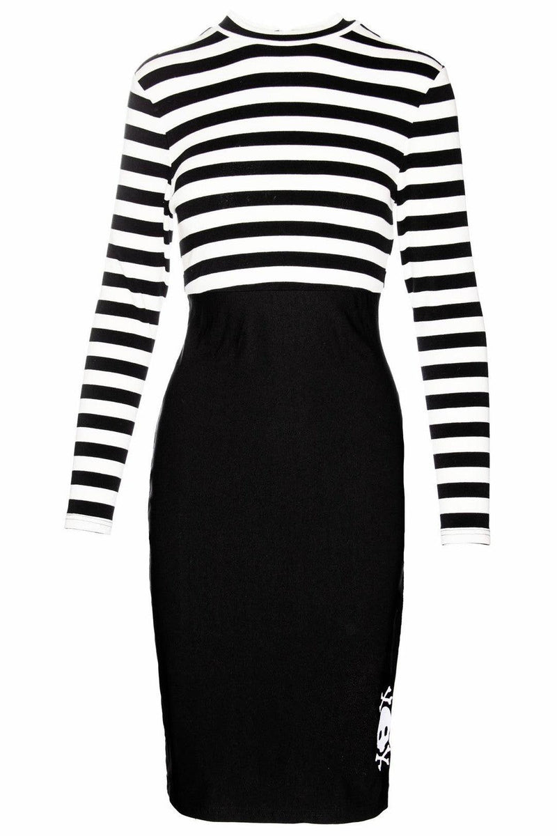 Edgy Jailhouse Dress in red or black, combining a high-neck striped long-sleeve bodice with a fitted bengaline skirt and detailed skull embroidery — a perfect fusion of gothic, retro, and punk aesthetics that captures attention and celebrates individuality.