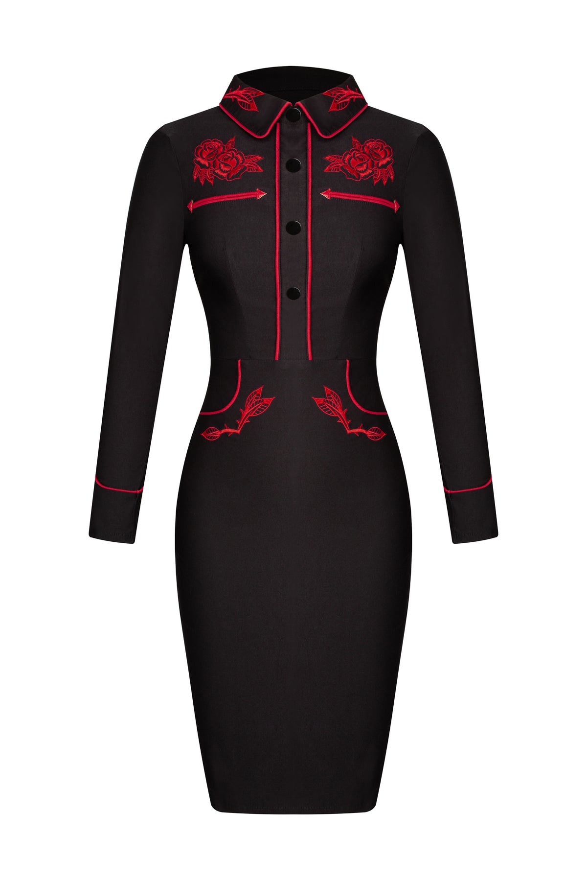 Black stretch bengaline June Dress designed with long piped sleeves, elegant faux snap cuffs, front snaps fixed to create a seamless look, and red ornate rose and thorn embroidery across the collar, bust, hips, and cuffs, offering a striking combination of Western-inspired aesthetics and feminine spring elegance, perfect for standout occasions or stylish daywear.