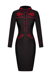 Black stretch bengaline June Dress designed with long piped sleeves, elegant faux snap cuffs, front snaps fixed to create a seamless look, and red ornate rose and thorn embroidery across the collar, bust, hips, and cuffs, offering a striking combination of Western-inspired aesthetics and feminine spring elegance, perfect for standout occasions or stylish daywear.