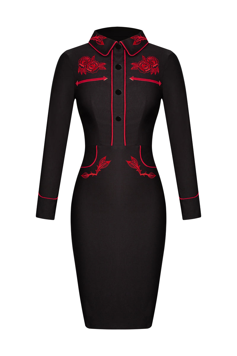 Black stretch bengaline June Dress designed with long piped sleeves, elegant faux snap cuffs, front snaps fixed to create a seamless look, and red ornate rose and thorn embroidery across the collar, bust, hips, and cuffs, offering a striking combination of Western-inspired aesthetics and feminine spring elegance, perfect for standout occasions or stylish daywear.