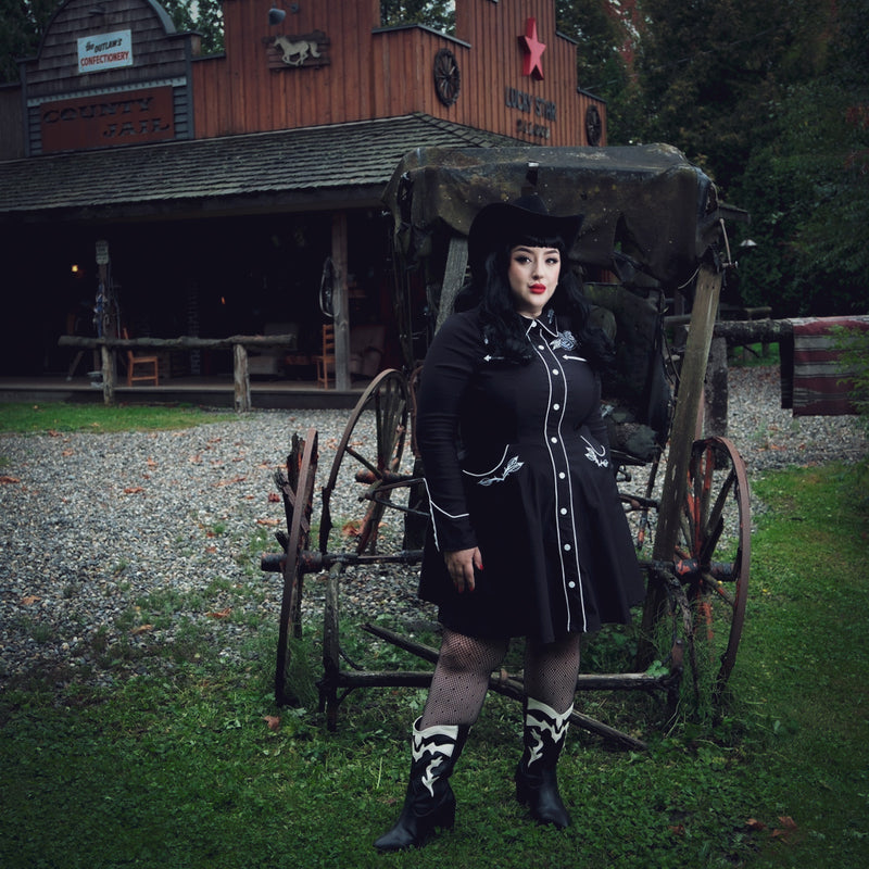 Black and white embroidered skater dress with long piped sleeves and faux snap cuffs, adorned with detailed rose and thorn patterns on the collar, bust, hips, and cuffs, white piping accents along the seams, a flattering and flowy skater skirt, and functional deep pockets, perfect for versatile wardrobe styling and everyday comfort.