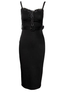 Step into confidence with the Love Bites Pencil Dress in black, a stunning form-fitting creation by Jessica Louise that blends classic femininity with a daring edge. Made from a high-quality, heavyweight poly blend, this dress is designed to accentuate every curve while maintaining comfort and structure. The sweetheart bust-line features soft ruffles and a bow accent for a romantic touch, while the ruched back and adjustable straps provide flexibility and ease of movement.
