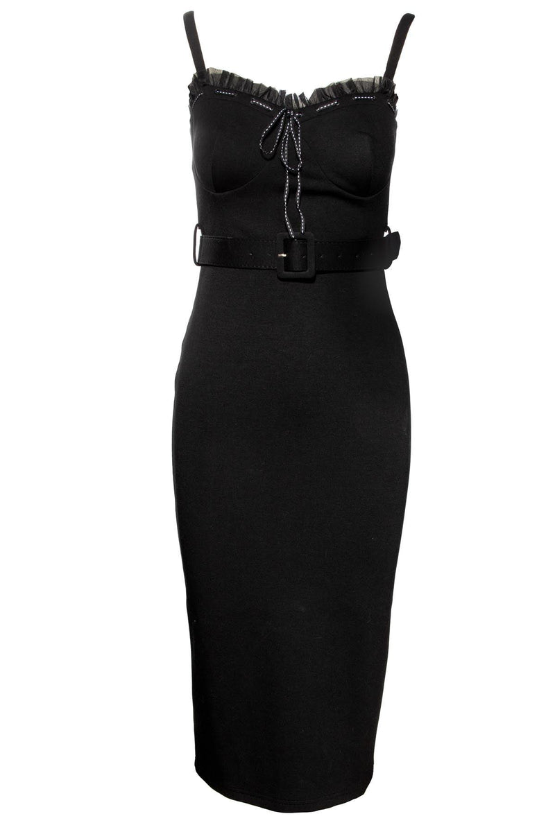 Step into confidence with the Love Bites Pencil Dress in black, a stunning form-fitting creation by Jessica Louise that blends classic femininity with a daring edge. Made from a high-quality, heavyweight poly blend, this dress is designed to accentuate every curve while maintaining comfort and structure. The sweetheart bust-line features soft ruffles and a bow accent for a romantic touch, while the ruched back and adjustable straps provide flexibility and ease of movement.