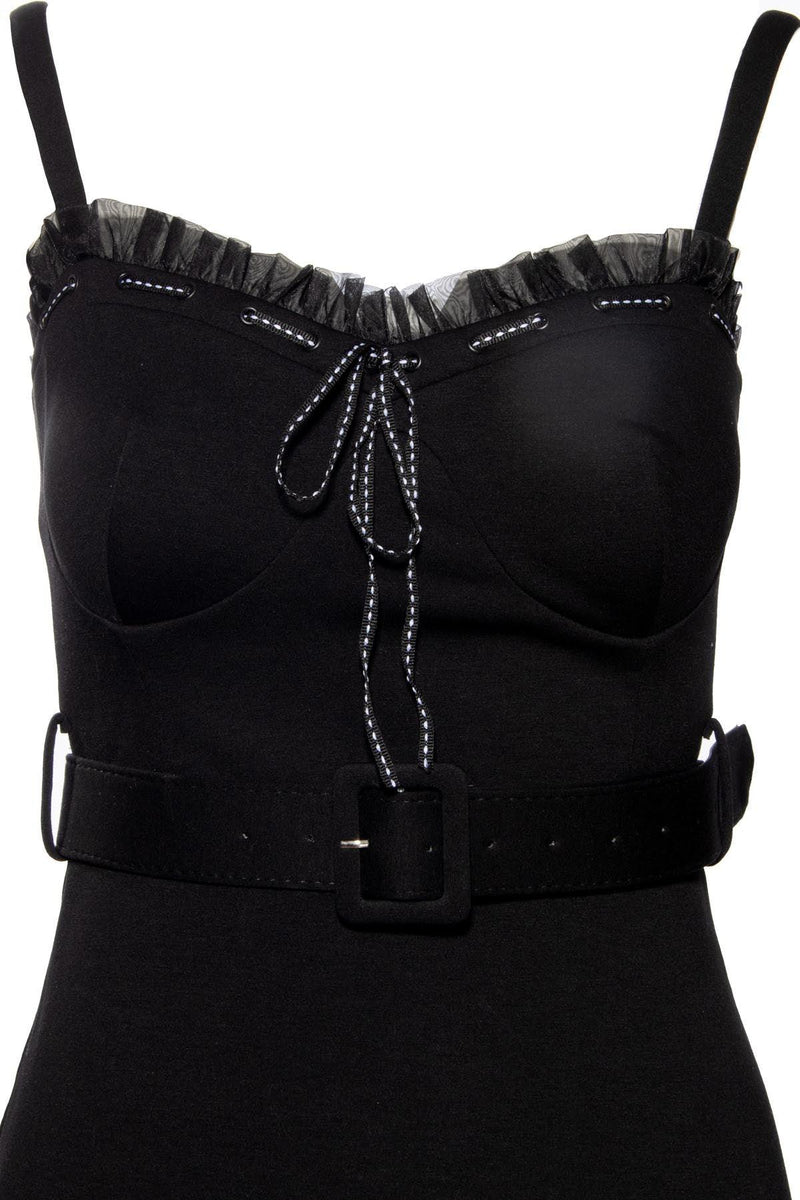 The Love Bites Pencil Dress in sleek black showcases a perfect mix of vintage-inspired charm and modern seduction. Crafted from a durable, luxury-weight poly blend by designer Jessica Louise, this dress features a sculpted pencil silhouette with a flattering sweetheart neckline, playful ruffle trim, and a dainty ribbon bow. Designed with enhanced bust support, adjustable straps, and a ruched back for effortless wear, it offers both structure and stretch to embrace your body’s natural shape.