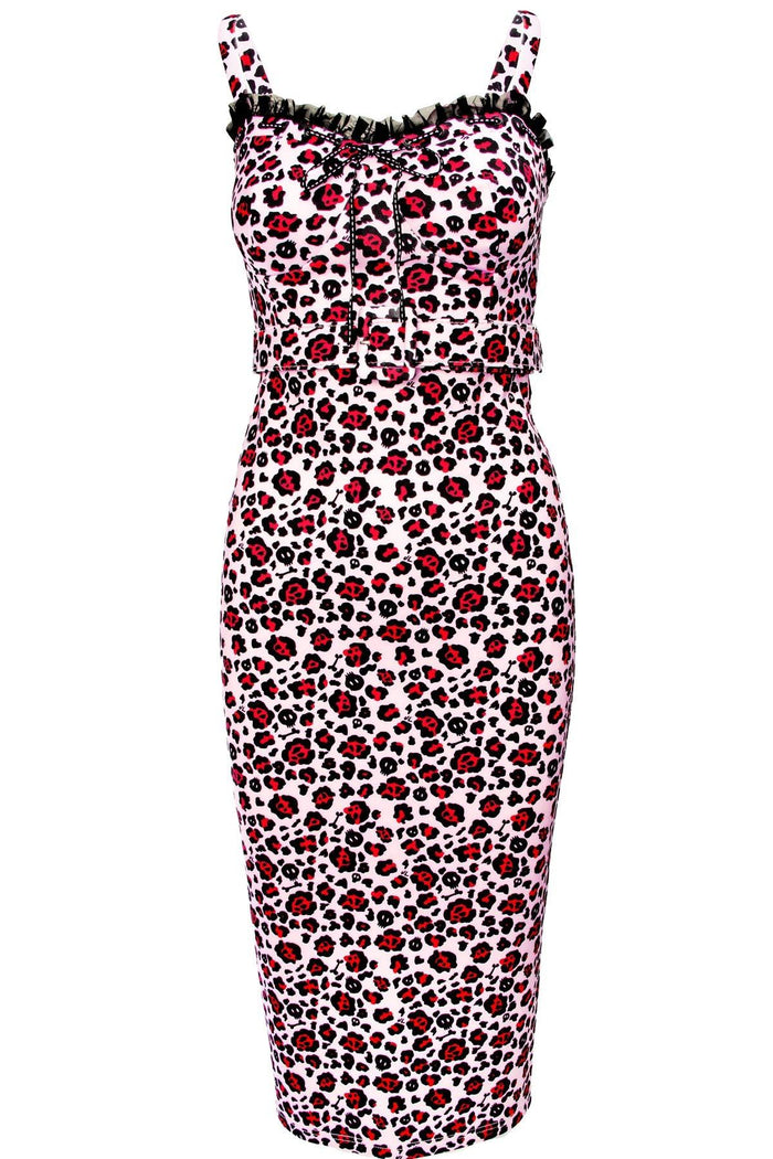 The Love Bites Pencil Dress in leopard print embodies wild sophistication with its figure-hugging silhouette, enhanced cup design, and ruched back that flatters every curve. Crafted from comfortable, stretchy fabric, it features a sweetheart neckline, playful ruffles, and a cute ribbon bow that adds a touch of vintage glamour to this fierce, high-fashion look for women who want to turn heads.