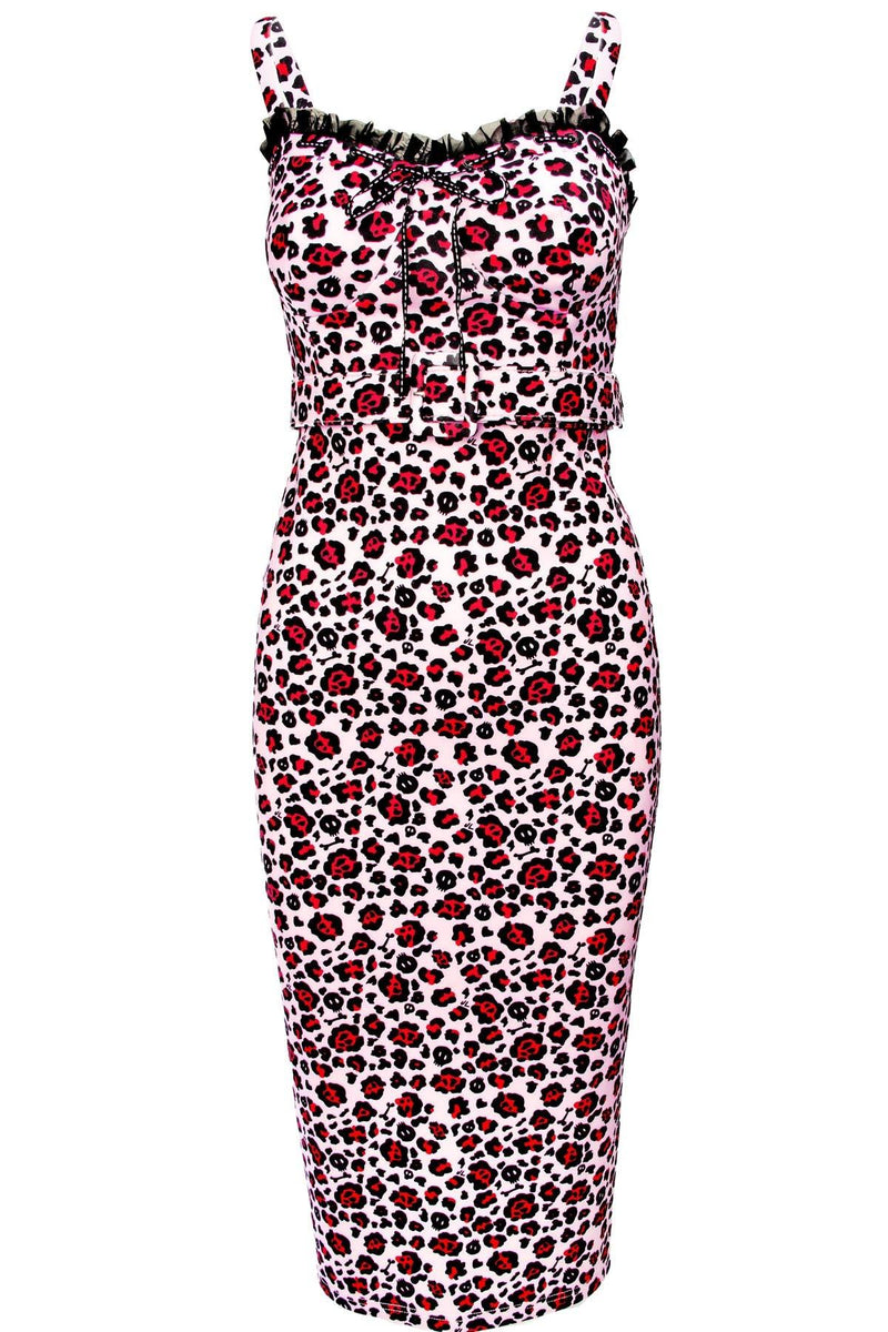 The Love Bites Pencil Dress in leopard print embodies wild sophistication with its figure-hugging silhouette, enhanced cup design, and ruched back that flatters every curve. Crafted from comfortable, stretchy fabric, it features a sweetheart neckline, playful ruffles, and a cute ribbon bow that adds a touch of vintage glamour to this fierce, high-fashion look for women who want to turn heads.