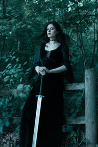 Luxurious velvet medieval dress designed for Gothic fashion enthusiasts, featuring a corset lace bust that highlights the waist, flowing black chiffon sleeves for a delicate and mysterious look, and a stretchy fit that ensures ease of movement, making it ideal for cosplay, renaissance fairs, or elegant costume events.