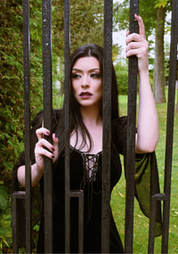 Authentic medieval-inspired velvet maxi dress with corset lace bust detailing and contrasting sheer black chiffon sleeves, offering a blend of Gothic elegance and comfort with its stretchy design, perfect for renaissance reenactments, cosplay, Gothic-themed weddings, or dramatic evening wear.