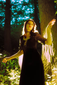 Enchanting Gothic velvet dress with a corset lace bust for a figure-flattering fit, sheer black chiffon sleeves that create an air of mystery, and a comfortable stretchy maxi silhouette, designed for cosplay, medieval fairs, historical-themed events, or anyone embracing romantic, timeless fashion.