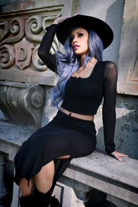 Sexy and body-hugging mesh two-piece outfit with a long-sleeve sheer crop top featuring a square neckline, paired with a high-waisted pencil skirt with a side slit, made from soft and stretchy polyester mesh for ultimate comfort, decorated with delicate bow accents, perfect for special occasions, date nights, or elegant nightlife fashion.