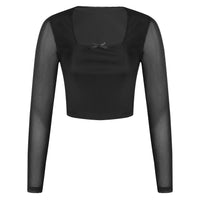 Fashion-forward women’s two-piece mesh ensemble featuring a fitted crop top with square neckline and sheer long sleeves, paired with a high-waisted pencil skirt with a side slit, crafted from soft and flexible polyester mesh with delicate bow accents, designed to create a flattering silhouette for parties, dates, or evening fashion looks.