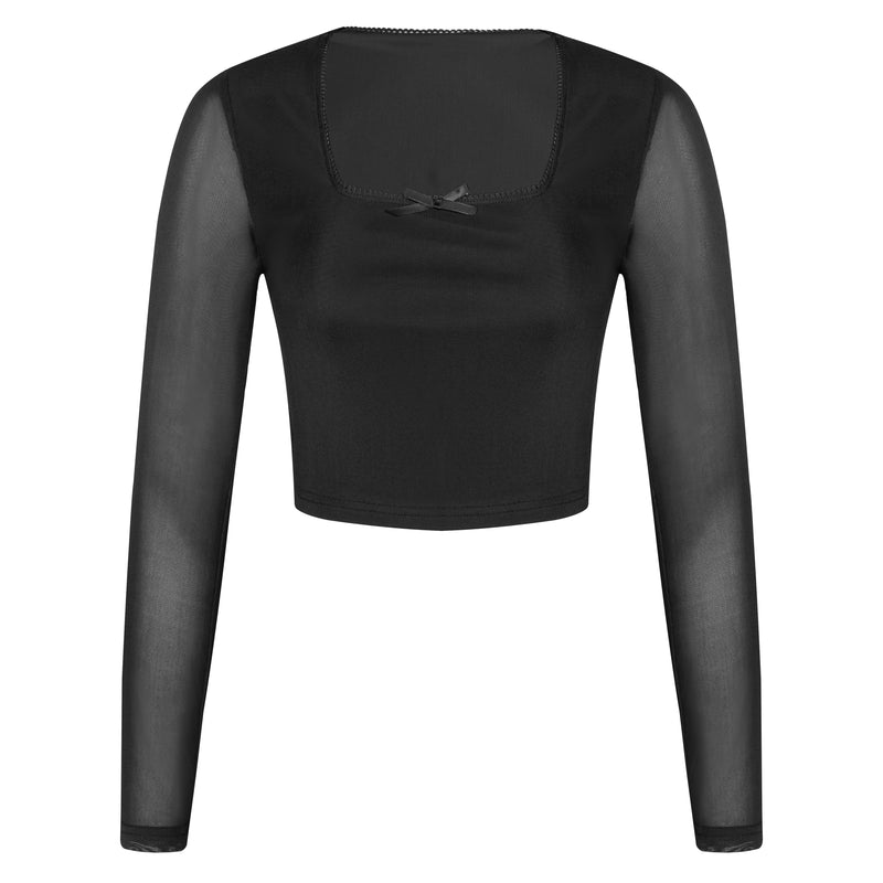 Fashion-forward women’s two-piece mesh ensemble featuring a fitted crop top with square neckline and sheer long sleeves, paired with a high-waisted pencil skirt with a side slit, crafted from soft and flexible polyester mesh with delicate bow accents, designed to create a flattering silhouette for parties, dates, or evening fashion looks.