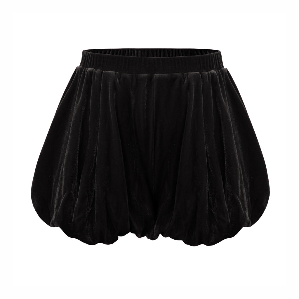 Black velvet high-waisted bloomers with a loose, gathered fit for volume through the hips, featuring a comfortable stretch waistband and smooth light-reflecting finish.