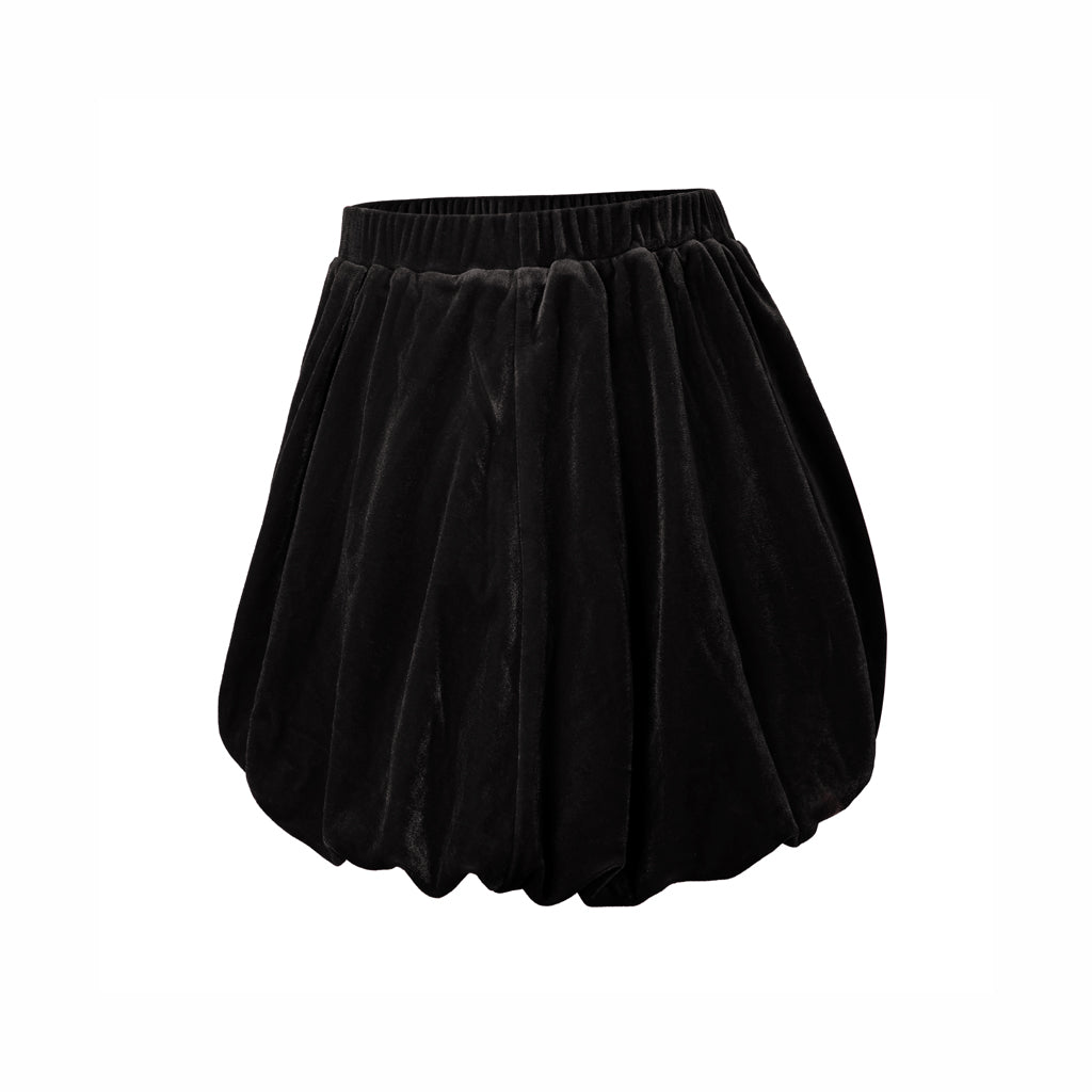 Dark cottagecore black velvet bloomers with a full, flowy silhouette, high waist design, and soft elastic waistband, crafted from plush velvet with a subtle sheen.