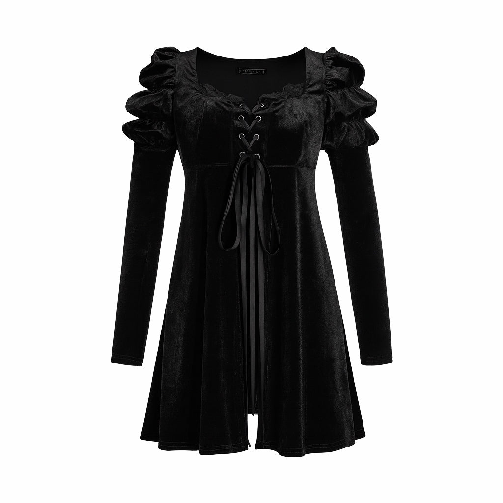 Dark cottagecore velvet outfit with flowing babydoll top, long sleeves, and corset-style front lacing, paired with matching high-waisted bloomers in soft light-catching velvet fabric.