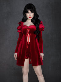 Black velvet babydoll top with long sleeves, gathered shoulders, and corset-style lace-up bust, paired with matching high-waisted bloomers in soft stretch velvet fabric.