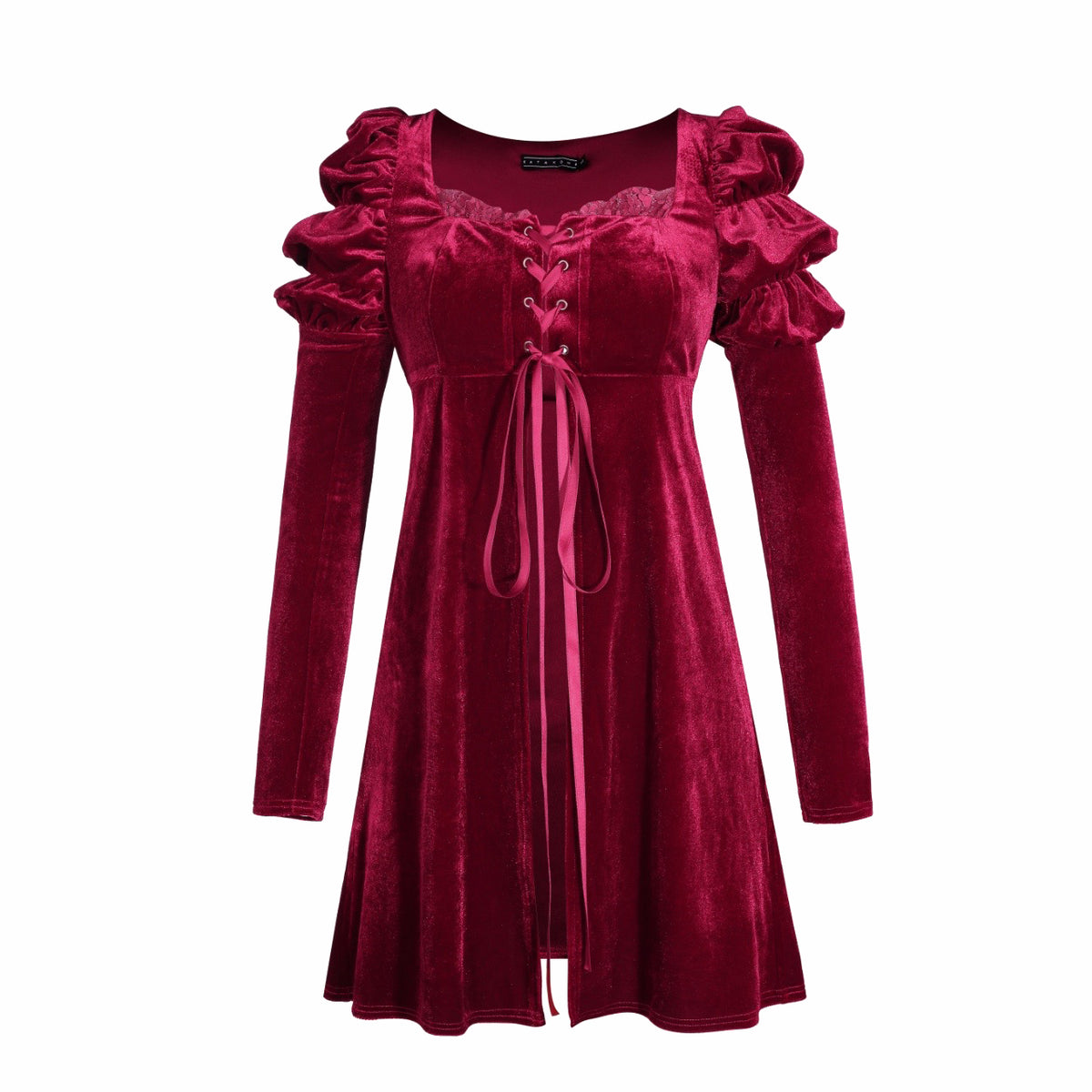 Dark cottagecore velvet outfit with flowing babydoll top, long sleeves, and corset-style front lacing, paired with matching high-waisted bloomers in soft light-catching velvet fabric.