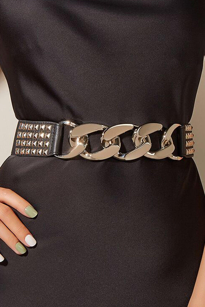 Fashion-forward black elastic belt adorned with chunky silver chains and metallic pyramid studs, offering a snug fit and versatile styling for casual outfits, dresses, or layered streetwear looks.
