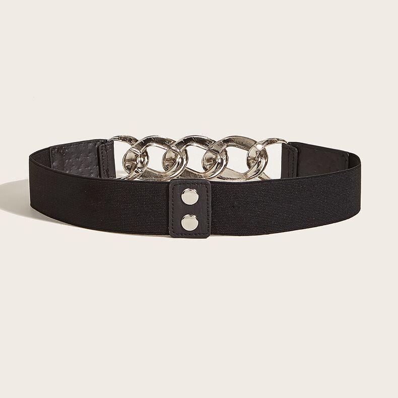 Statement-making waist belt with stretch fabric, silver curb chain center detail, and studded accents, ideal for adding an edgy, punk-inspired touch to dresses, oversized blazers, or high-waisted skirts.