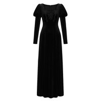 Fantasy-inspired black velvet gown with soft stretch fit, long flowing silhouette, puffed sleeves, and embroidered wolf motif at the bodice, finished with lace trim neckline and hidden back zipper closure.