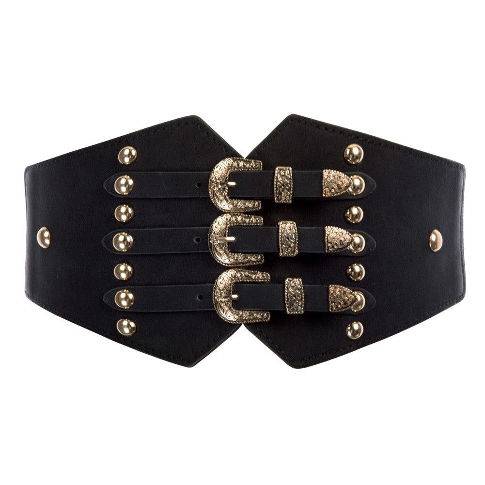 Black vegan leather triple buckle waist belt with three silver buckles and elastic back for a secure and stylish fit. Adds bold, structured detail to gothic, punk, or alternative fashion looks.