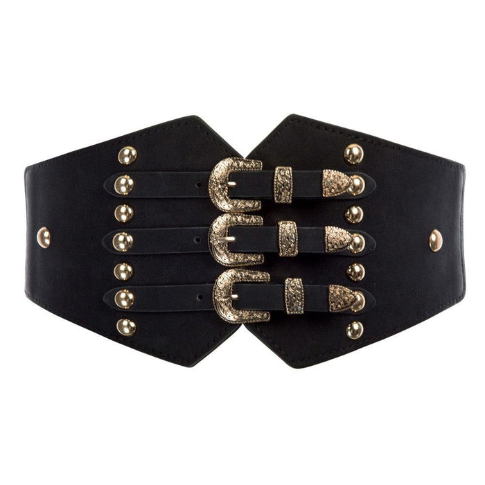 Black vegan leather triple buckle waist belt with three silver buckles and elastic back for a secure and stylish fit. Adds bold, structured detail to gothic, punk, or alternative fashion looks.