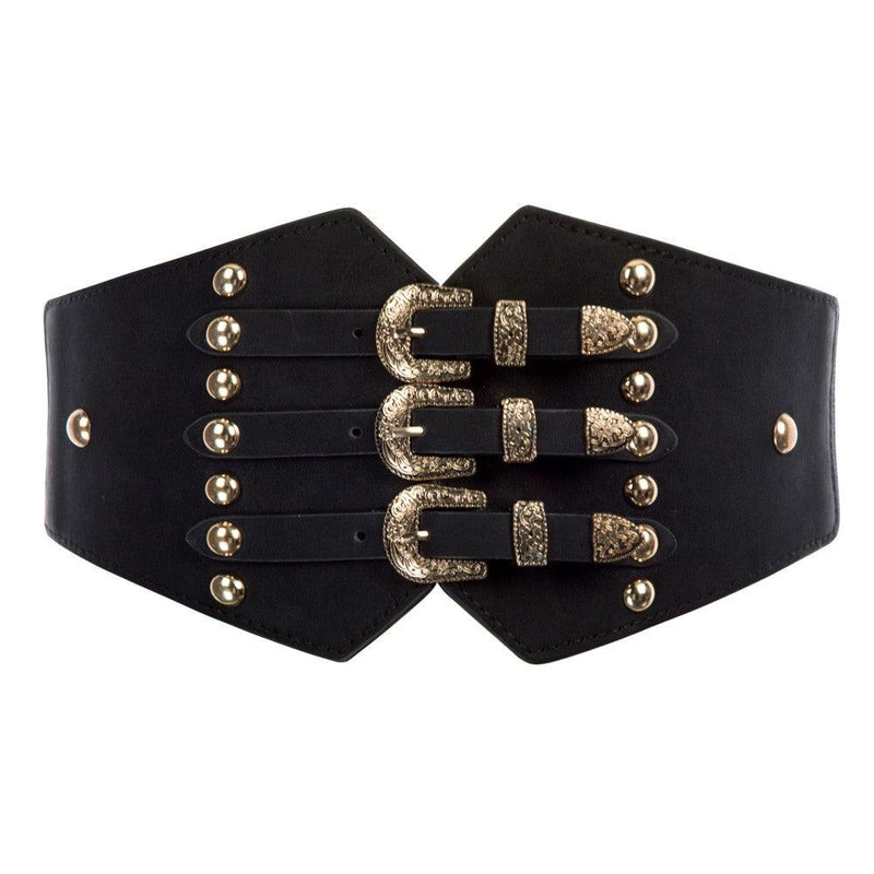Black vegan leather triple buckle waist belt with three silver buckles and elastic back for a secure and stylish fit. Adds bold, structured detail to gothic, punk, or alternative fashion looks.