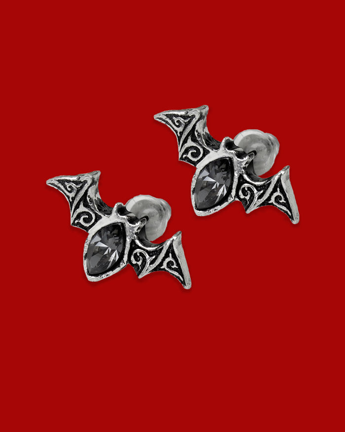 Handmade pewter bat ear studs with vesica-shaped black Austrian crystals and surgical steel posts. Gothic-inspired, sparkling nocturnal accessory for edgy or alternative style.